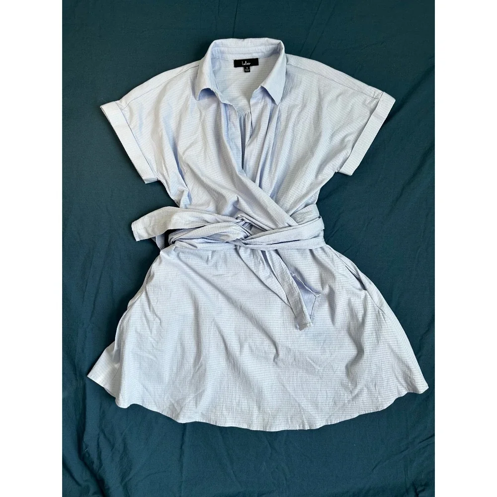 Lulus‎ Light Blue Seersucker Wrap Dress Short Sleeve Collared Mini Dress Small